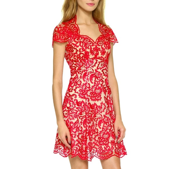 Marchesa Notte Embroidered Mini Dress Red Lace Cap Sleeve Flare Valentines SZ 10 - Picture 15 of 15